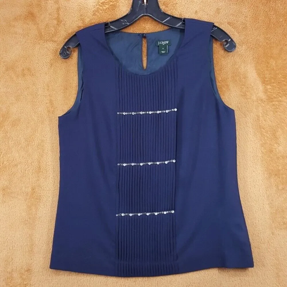 J CREW Top Womens Size 4 Blue Sleeveless Keyhole Pleated Tank Layering Blouse